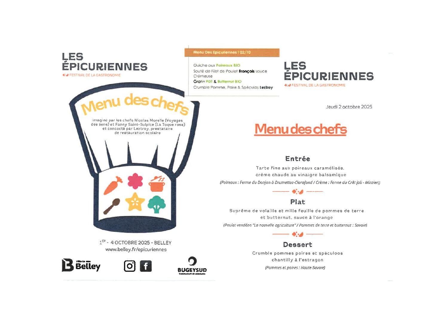 👨‍🍳 Les Epicuriennes : Menu des chefs – Jeudi 2 Octobre 2025