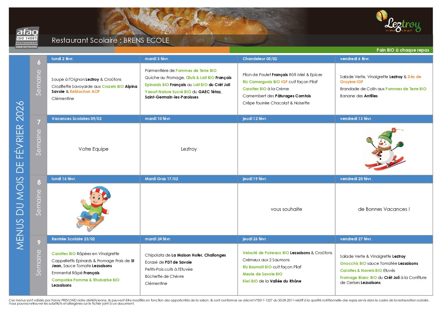 🍂 Nouveauté : menu de cantine FEVRIER 2026 ! 🍂