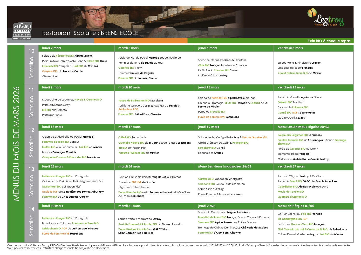 🍂 Nouveauté : menu de cantine MARS 2026 ! 🍂